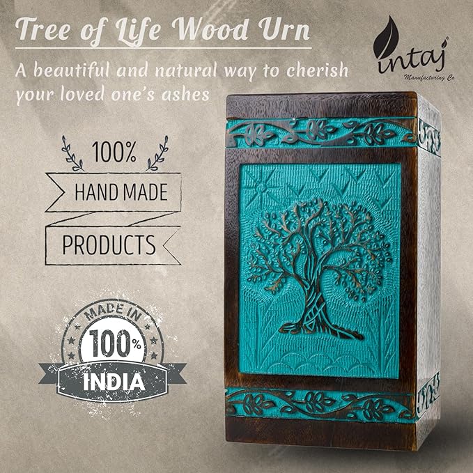 INTAJ Wooden Cremation Urns for Human Ashes - Large 180 lbs, Handcarved Tree of Life Design, Suitable for Men, Women, Mom, Dad - TSA Approved, Decorative Memorial Urn Box, Green