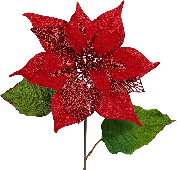 10" Poinsettia Flower Artificial for Christmas Tree Decor, 3 Pcs Faux Glitter Poinsettias Stems for DIY Xmas Wreath & Garland, Christmas Ornaments for Home Party & Holiday Decorations, Dark Red
