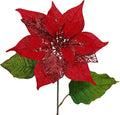 10" Poinsettia Flower Artificial for Christmas Tree Decor, 3 Pcs Faux Glitter Poinsettias Stems for DIY Xmas Wreath & Garland, Christmas Ornaments for Home Party & Holiday Decorations, Dark Red