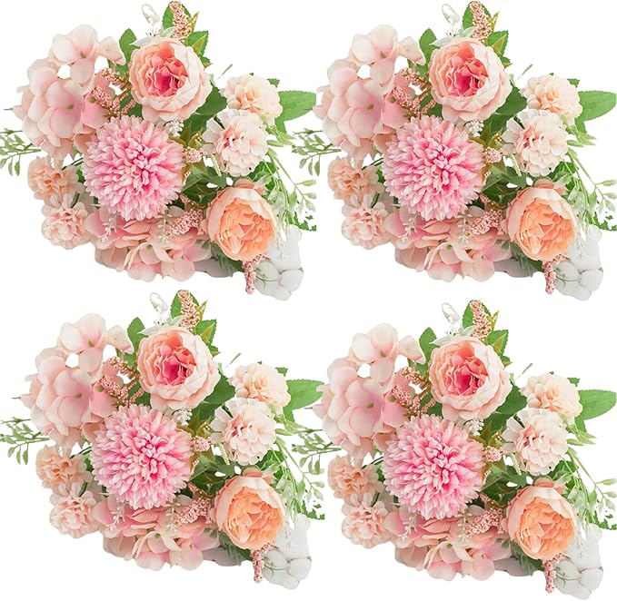 ASTRYAS 4PCS Pink Flowers Artificial Peonies Fake Peony Silk Hydangea for Decoration, Fuax Flowers Arrangements for Wedding Home Party Outdoor Decoration (Pink)