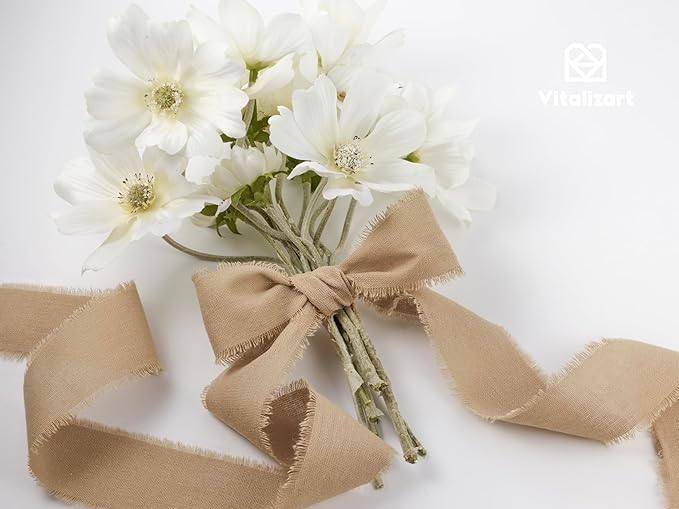 Vitalizart Nude Ribbon 1-1/2" x 15 Yd 100% Cotton Handmade Frayed Fringe Fabric Ribbons for Gift Wrapping Wedding Invites Bridal Shower Bouquets Christmas Decorations