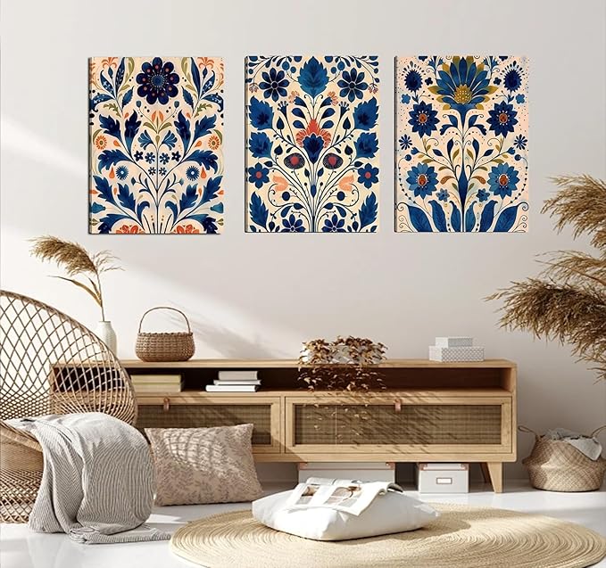 3 Pcs Blue Boho Flower Canvas Wall Art, Floral Painting Poster Wall Decor,Wildflower Botanical Picture for Wall Living Room Bathroom Bedroom Home Decoration 12*16 in (Stretched Canvas on A Wooden Frame)