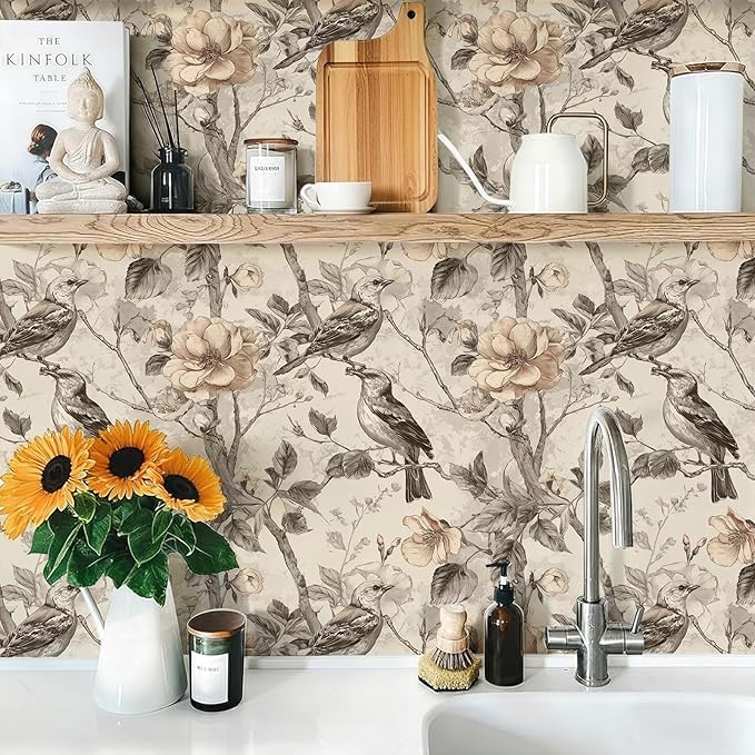 Vintage Animal Peel and Stick Contact Paper Beige Bird Removable Botanical Leaf Tree Wallpaper 17.7" x 118.11" Wall Paper Watercolor Self Adhesive for Classroom Bedroom Laundry Room Bathroom