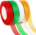 DECYOOL 4 Rolls 200 Yards Christmas Ribbons for Gift Wrapping, 4/5" Wide Christmas Organza Ribbon Xmas Holiday Chiffon Ribbons for Wreaths Festival Decoration and DIY Crafts (Red, Green, White, Gold)
