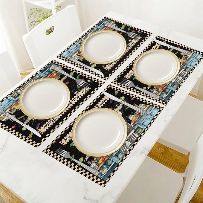 Gourmet Chef Placemats Vintage Rustic Plaid Cutlery Knives Cooking Vegetables Fruits Kitchen Utensils ation Placemats Table Kitchen Dining Party 12x18 Inch Set of 6