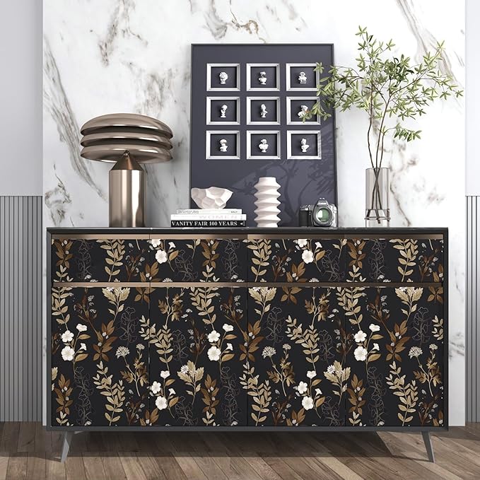 Black Floral Peel and Stick Wallpaper 17.4" x 197" Vintage Dark Gold Leaf Contact Paper Waterproof Self-Adhesive Vinyl Wall Covering for Bedroom Bathroom Countertop Cabinets, Boho Wall Decor