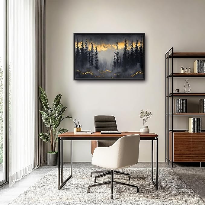 Misty Forests Large Decor Framed Wall Art Gold and Black Pictures for Living Room, Foggy Forest Landscape Oversized Canvas Print Painting Modern Extra Large Framed Artwork for Bedroom Office 36"x24"