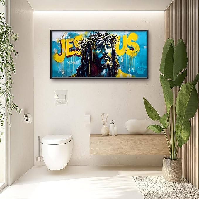 Banksy Jesus Large Wall Art Graffiti Framed Wall Decor for Living Room Pop Street Pictures Oversized Canvas Print Painting Modern Extra Large Framed Artwork for Bedroom Office 60"x30"