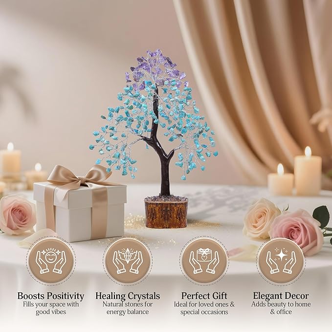 FASHIONZAADI Amethyst and Turquoise Crystal Tree of Life - Crystal Decor - Spiritual Gifts - Crystals Gifts for Women - Gemstones and Crystals