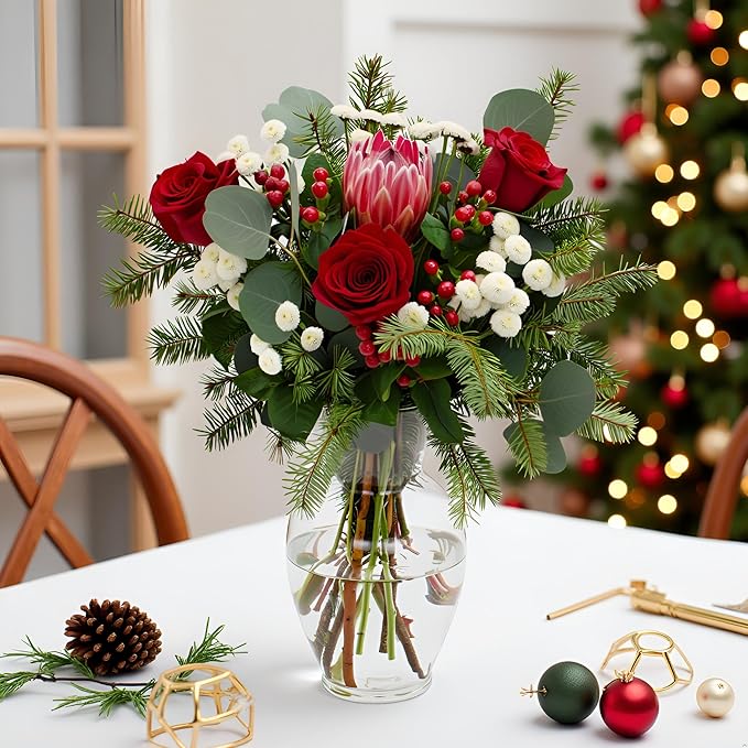 Stargazer Barn - Holiday Cheer Bouquet (Includes Glass Vase) - Fresh Flowers for Delivery - Gift for Anniversary, Birthday, Congratulations, Get Well, Graduation, Sympathy, Christmas