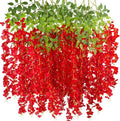 12 Pack Artificial Flowers Silk Wisteria Vine Ratta Hanging Flower (Red)