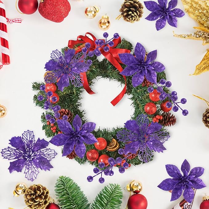 24Pcs Purple Glitter Poinsettia Christmas Tree Ornaments and Glitter Berries Stems, 16Pcs Christmas Artificial Flowers and 8 Pack Christmas Tree Picks for Wedding Xmas Holiday Decorations