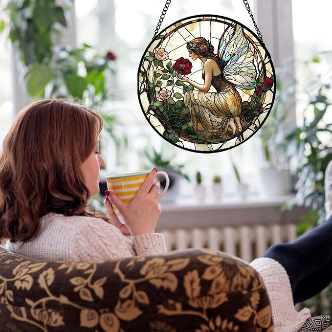Stained Glass Window Hanging - Butterfly Flower Fairy Suncatcher for Door Terrace Garden Home Decor Yellow Green Plants Sun Catcher Birthday Gifts for Lovers Women Men Dad Mom Nana 9.8 in
