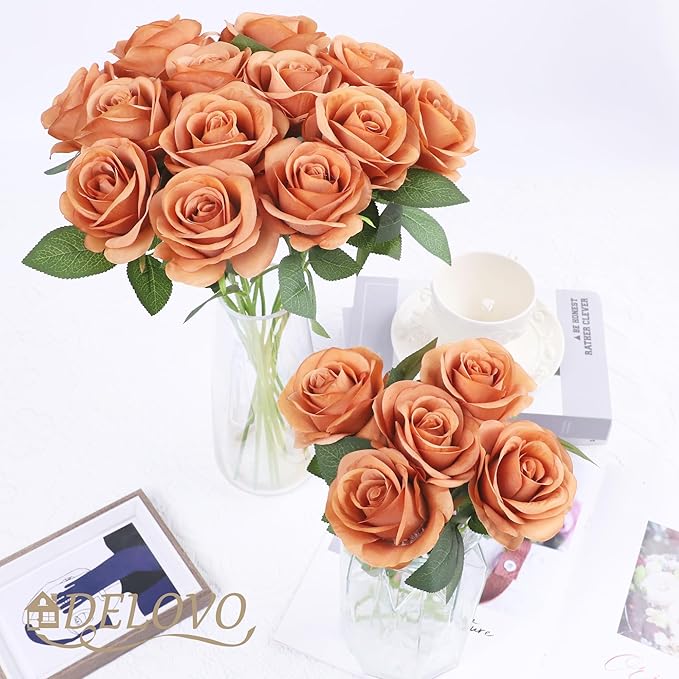 52pcs Terracotta Roses Artificial Flowers Fake Flowers Silk Roses with Stems for DIY Wedding Bouquets Bridal Shower Centerpieces Arrangements Party Decorations