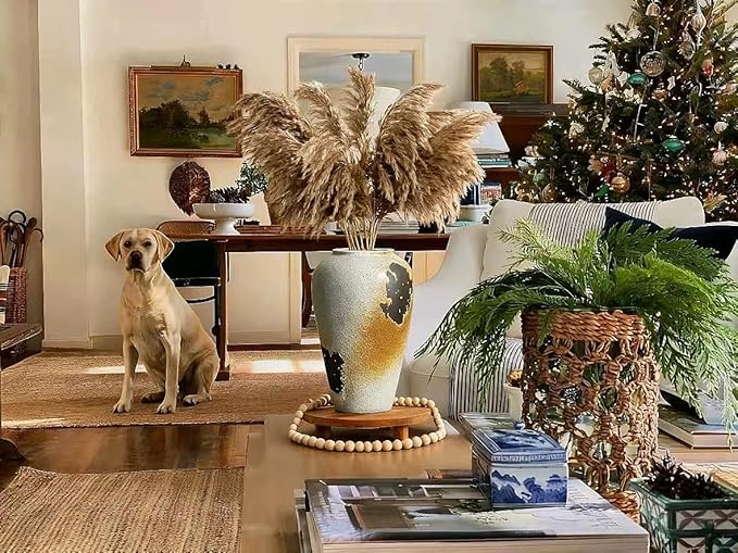 11" Large Handcrafted Ceramic Vase - Vintage Rustic Iron Glaze Pattern Farmhouse Flower Vase for Home Decor, Decorative Vase for Living Room Dining Table Fireplace Bookshelf Office