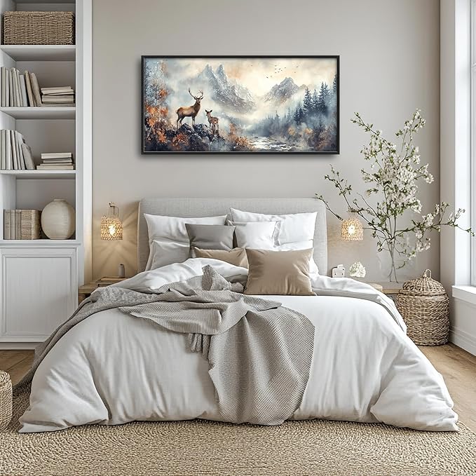 Deer Wall Art Large Wildlife Nature Mountain Landscape Pictures Wall Decor Rustic Cabin Fall Forest Canvas Prints Nordic Painting Framed Artwork Decoration for Bedroom Living Room Office 60"x30"