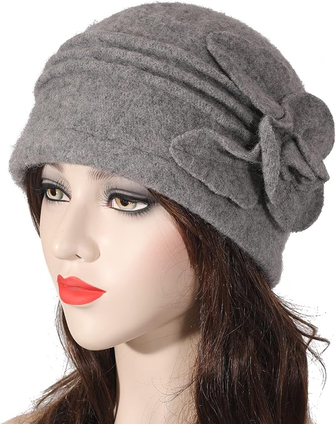 ZLYC Women Wool Cloche Bucket Hat 1920s Vintage Dress Winter Hats with Flower Accent