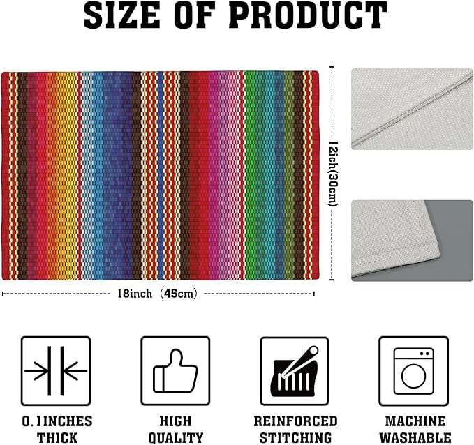 Mexican Colorful Stripes Placemats Set of 4, Placemats Dining Table Mat Set,12x18 Washable Stain Resistant Wipeable Cloth Placemat for Kitchen Buffet Parties