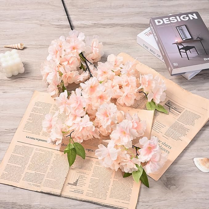 Sunm Boutique Champagne Faux Cherry Blossom Branches, Artificial Cherry Blossom Stems Cherry Blossom Flowers Vase Arrangements for Wedding Home Party Kitchen Decor, Set of 3