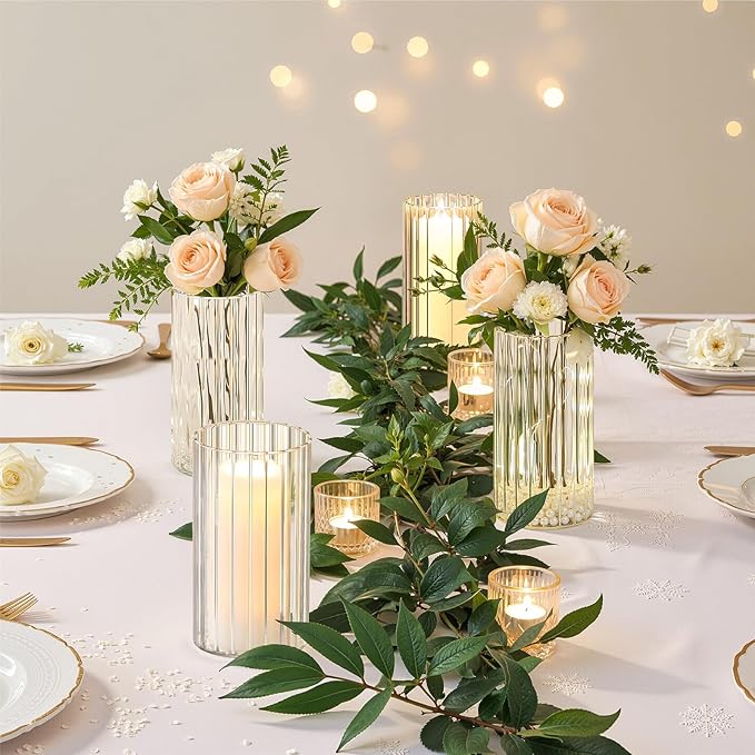 Ribbed Glass Vase Set of 12 Packs, Propagation Vases for Plants, 6 Inches Glass Cylinder Vases for Centerpieces, Hurricane Candle Holder for House Warming Decoration Party