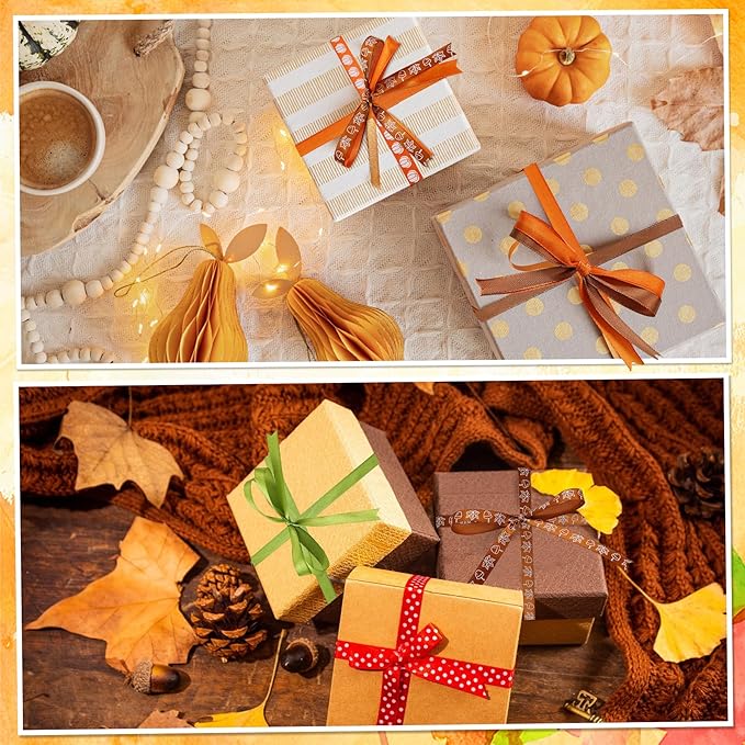 Stain Ribbon 6 Rolls Fall Harvest Thanksgiving Pumpkin Wrapping Ribbon 3/8 Inch x 150 Yards for Crafts Bows Decor