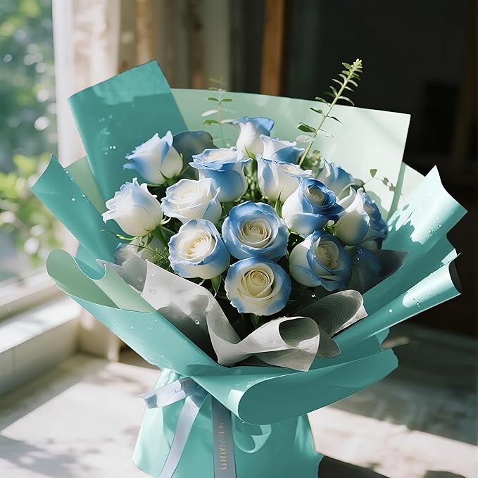 WRAPAHOLIC 20 Sheets Flower Wrapping Paper - 22.4 x 22.4 inch Blue Color Water-Resistant Floral Bouquet Wrapping Paper, Florist Supplies Packaging for Wedding Birthday Gift DIY