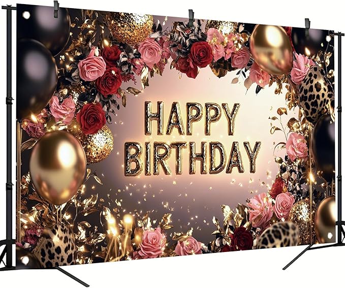 Red and Black Happy Birthday Backdrop Banner Gold Balloons Rose Flowers Leopard Print Party Decorations Photography Background Women Girls Birthday Photo Booth Props 71x43 Inch