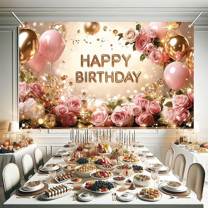 Rose Gold Birthday Backdrop Banner Pink Balloon Floral Rose Photography Background for Girls Women Gold Birthday Party Wedding Baby Shower Decor Photo Booth Supplie 71 x 43 Inch