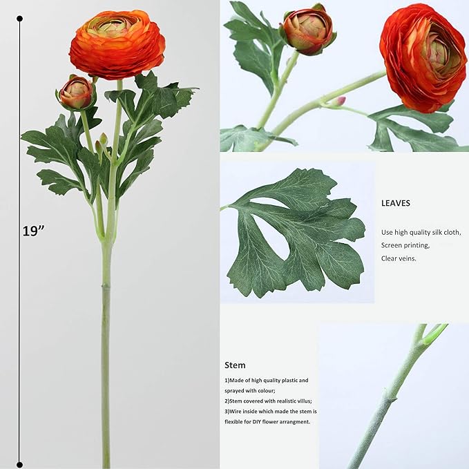 Orange Artificial Ranunculus Flowers with Real Touch Stem, Autumn Colour Ranunculus Flowers(10 Pack) (Orange)