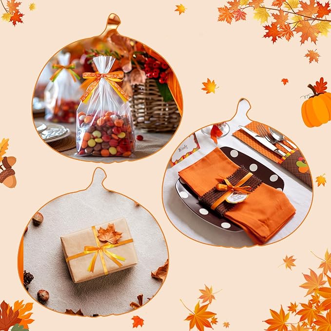 6 Rolls 150 Yards Thanksgiving Fall Ribbons Harvest Ribbons for Craft Wrapping Pumpkin Maple Leaf Autumn Grosgrain Ribbon for Wreath Bows Decoration 3/8 Inch(Maple)