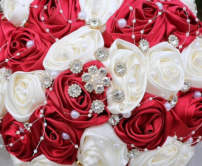 Bridal Wedding Bouquet Round Bling Brooch Bouquet Throw Toss Artificial Rose Flower Bunch for Bride Bridesmaid Wedding Quinceanera(Ruby Red & Ivory, 8.7")