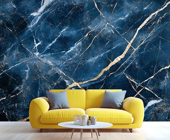 Blue Marble Wall Mural, Gold Vein Marble 3D Wall Murals, Luxury Navy Stone Wallpaper Mural, for Living Room Bedroom Large Wallpaper Indoor Decor 197" W x124.8 H