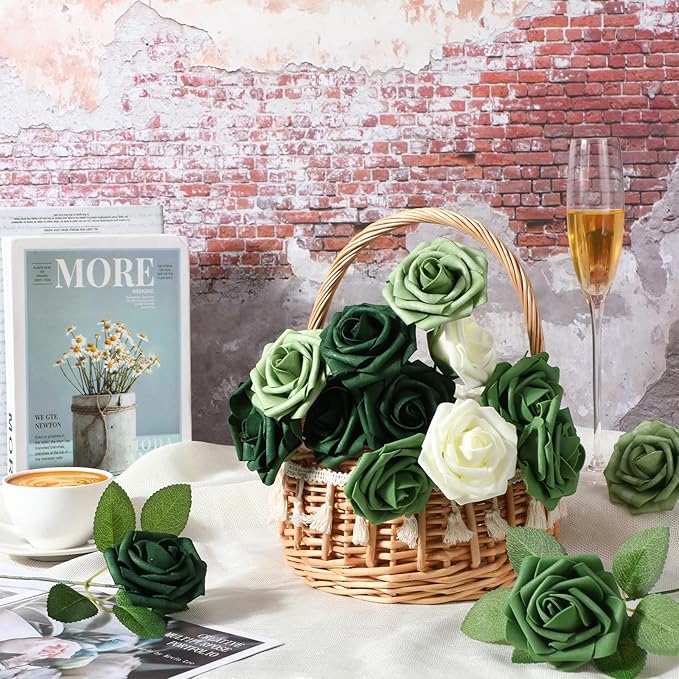 50 Pcs Artificial Foam Rose Flowers Faux Bouquet with Leaves and Stems for DIY Wedding Bouquets Centerpieces Bridal Shower Party Valentine Home Decorations (Gradient Green)