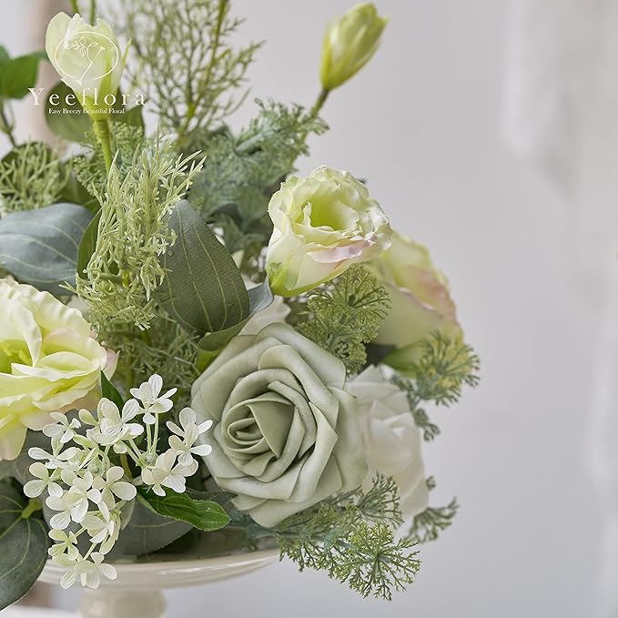 Artificial Flowers, 25pcs Realistic Artificial Rose for Centerpieces Arrangements, Sage Green Foam Flowers with Stem for Bridal Shower Party Home Decorations