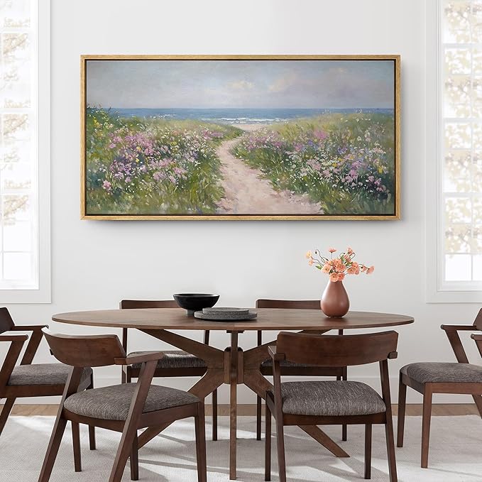 SIGNFORD Extra Large Framed Canvas Print Wall Art Seaside Path with Wildflowers Coastal Landscape Illustrations Modern Art Relax/Calm Warm for Living Room, Bedroom, Office - 60"x30"