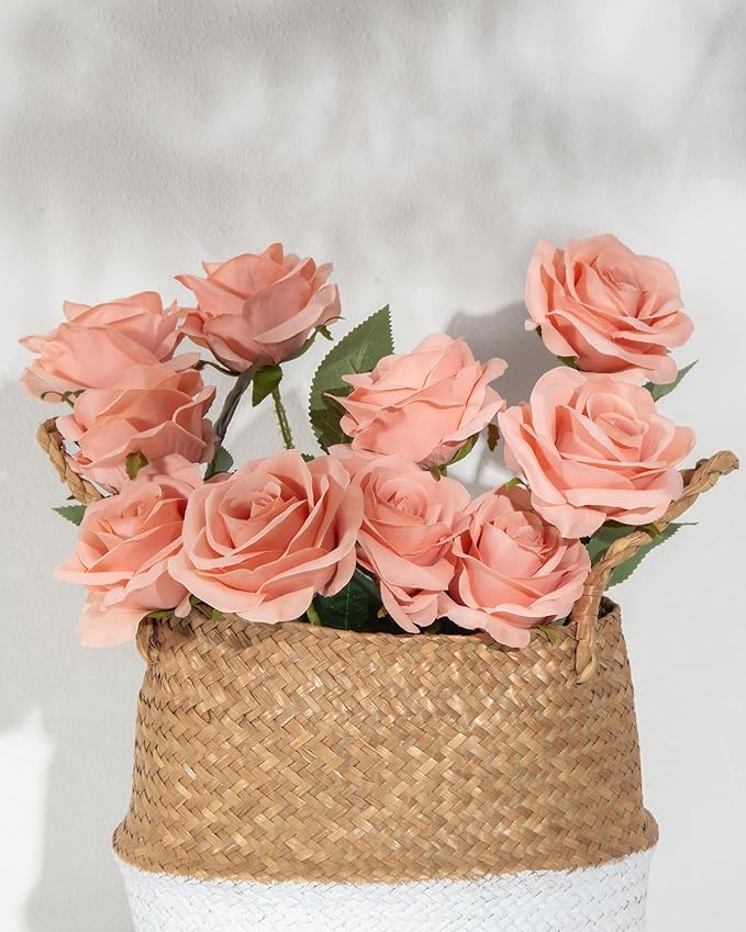 DuHouse 10pcs Silk Roses Artificial Flowers Fake Rose for Arrangement Wedding Party Home Decoration (Light Coral)