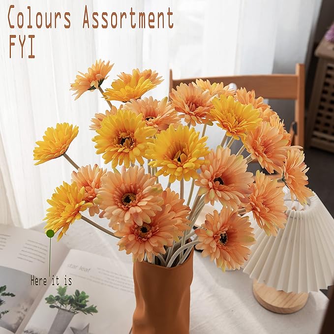 12pcs Artificial Gerbera Daisies,22 Inch Long Stem Silk Daisy Flowers,Realistic Artificial Flower Mums for Home Décor Centerpiece Wreath Supplies Wedding Bouquet,Yellow