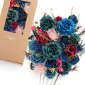 Ling's moment Fake Flowers Box, Foam Roses Artificial Fern Berry Faux Greenery Stems for Wedding Bouquets Centerpieces Table Decorations Floral Arrangement, Navy Blue & Pink, Deluxe Combo