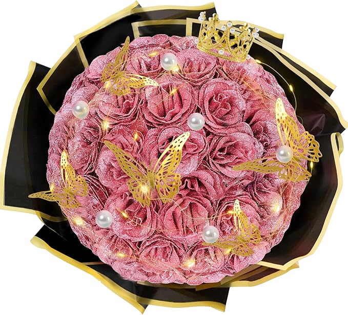 Gold Rose Glitter Roses Bouquet, 36 Pcs Shiny Glitter Flowers Bouquet, Everlasting DIY Artificial Roses Bouquet for Christmas, Birthday, Anniversary, Wedding, Engagement,Mothers Day,Gifts