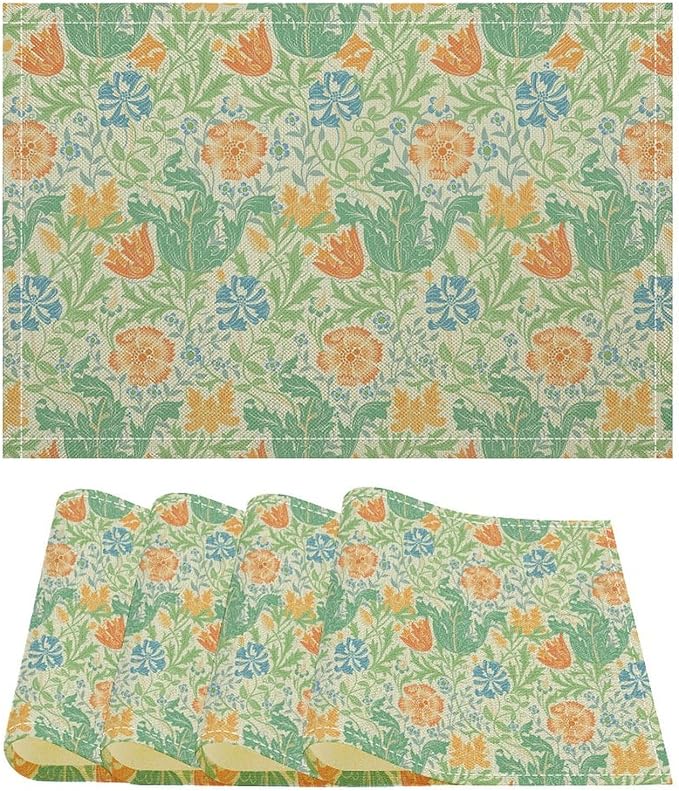 William Morris Placemats Boho Rural Farmhouse Vintage Floral Art Printed Dining Table Mats Set of 4 for Home Kitchen Holiday Picnic Party Decor 12x18in
