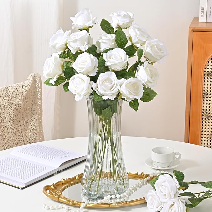 Waipfaru 50 Pcs White Roses Artificial Flowers Bulk, Real Touch Velvet Roses with Wrapping Paper, Fake Flowers for Wedding Centerpieces Bridal Bouquet Valentines Mothers Day Decor