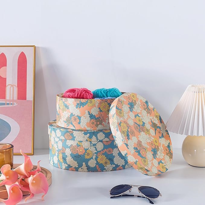 Soul & Lane Decorative Oblong Cardboard Storage Boxes with Lids, Set of 2 Floral Paperboard Keepsake Memory Boxes, Oval Nesting Storage for Gifts and Home Décor (Floral Elegance)