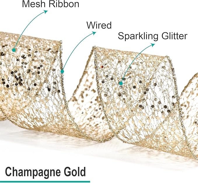 CT CRAFT LLC Sparkling Glitter Mesh Wired Ribbon 2.5" x 10 Yards Champagne Gold for Christmas Home Decor Bow Gift Wrapping DIY Crafts Wreath