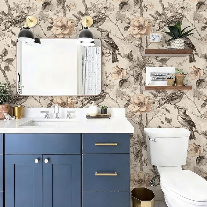 Vintage Animal Peel and Stick Contact Paper Beige Bird Removable Botanical Leaf Tree Wallpaper 17.7" x 236.22" Wall Paper Watercolor Self Adhesive for Classroom Bedroom Laundry Room Bathroom