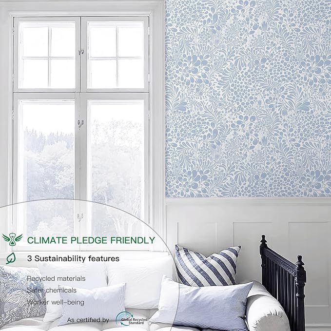 Heroad Blue Peel and Stick Wallpaper Floral Contact Paper 17.3''x78.7'' Boho Wall Paper Modern Removable Self Adhesive Wallpaper for Bedroom Bathroom Kitchen Cabinet Decor Waterproof Vinyl Roll