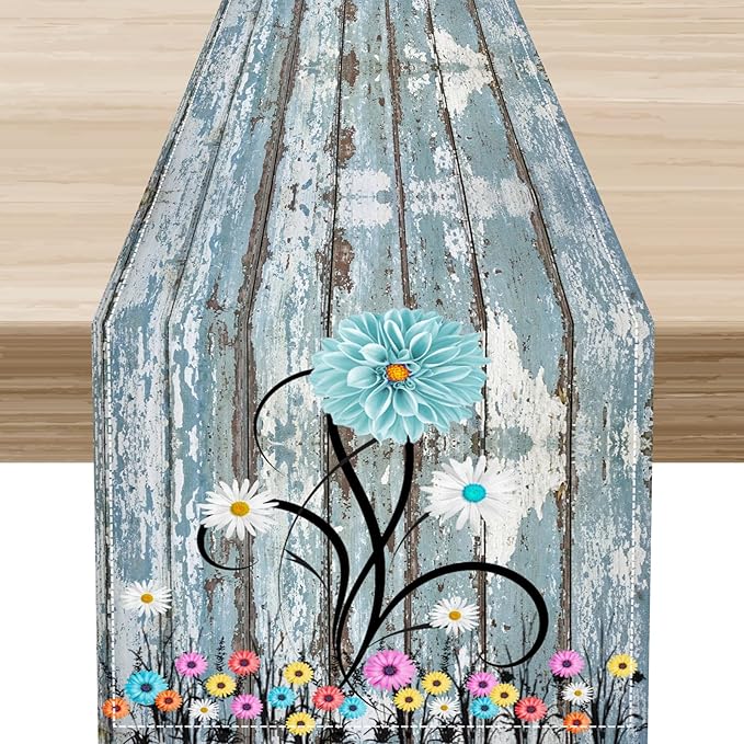 Watercolor Daisy Table Runner, Vintage Blue White Daisy Flower Rustic Blue Wood Farmhouse Print Table Center Decor for Family Kitchen Table Decorations Indoor Outdoor 13x36 inch