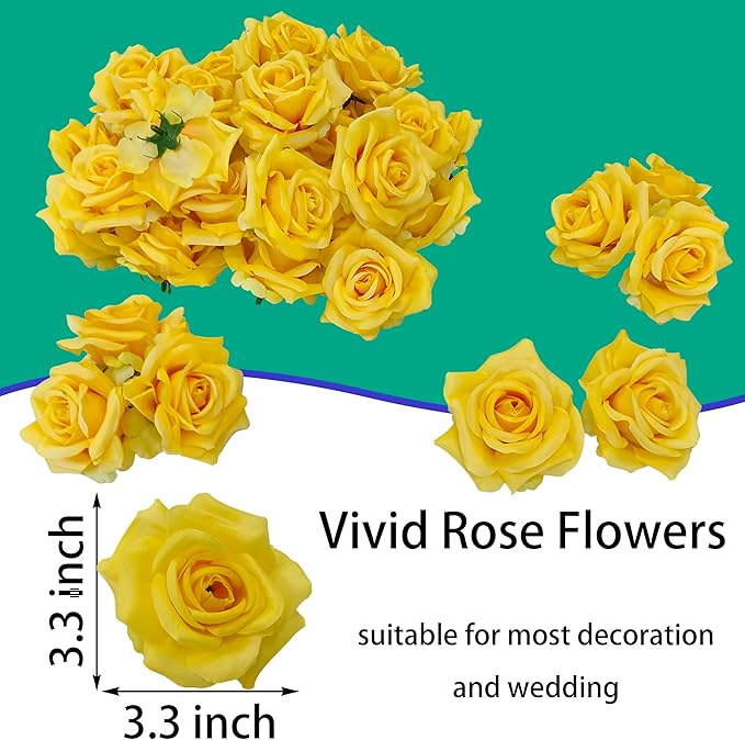 Artificial Satin Rose Flower Heads,48 Pcs Silk Rose Heads with Stems,3.3'' Rose Artificial Flowers Bulk,Artificial Rose Flower Heads for DIY Crafts Bouquet (48, Yellow)