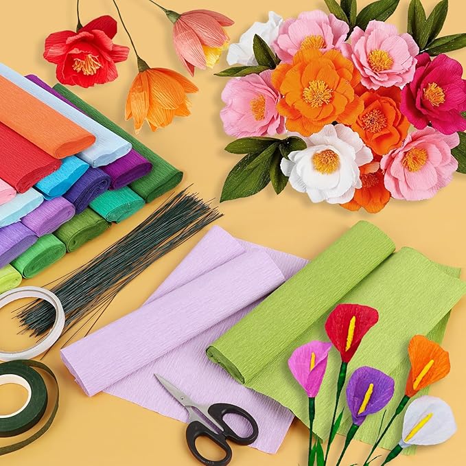 46 Colors Crepe Paper Rolls, 10 x 98 Inch Wide Crepe Paper Flowers Kit with 100 Pcs Floral Iron Wire, Floral Band, Double-Sided Tape, and Scissors for DIY Gifts, Parties, Weddings, Festival Decoration