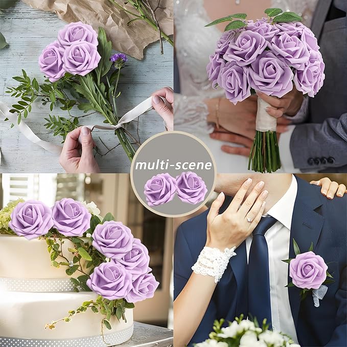 100PCS Light Purple Artificial Flowers Roses Real Looking Foam Fake Roses with Leaves for DIY Wedding Bouquets Bridal Shower Party Decorations (Lilac, 100)