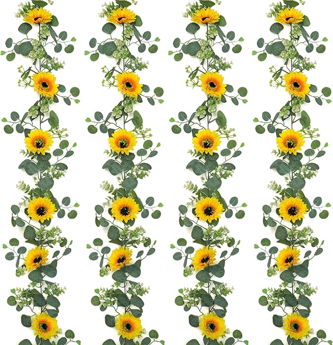 SOMYTING Artificial Sunflower Garland, 4 Packs 6ft Silk Sunflowers Vines Hanging Flowers Garland with Green Leaves for Party Baby Shower Birthday Wedding Room Decor (4PCS)